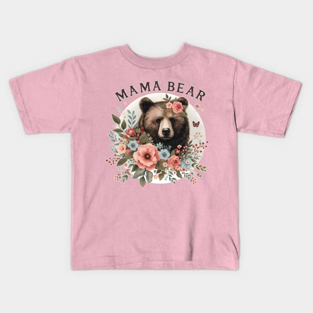 Floral Mama Bear Kids T-Shirt by WolfeTEES